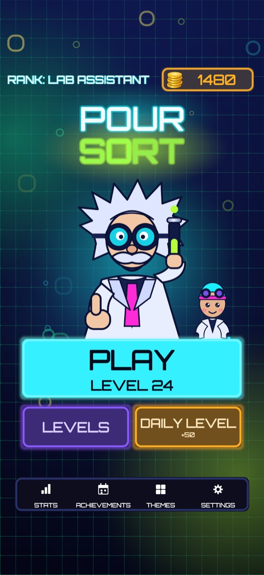 Pour Sort home screen with the neon title and the scientist