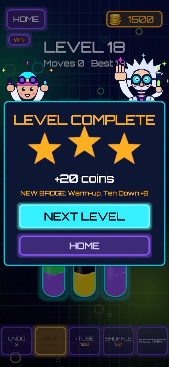 Level complete card with three stars and the cheering scientist