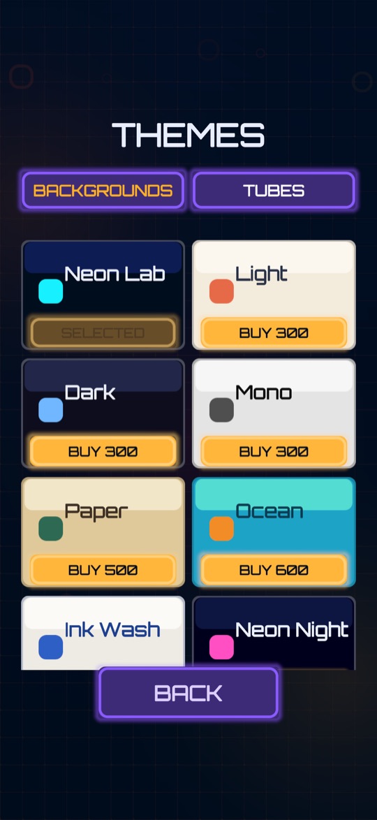 The themes screen with backgrounds to unlock